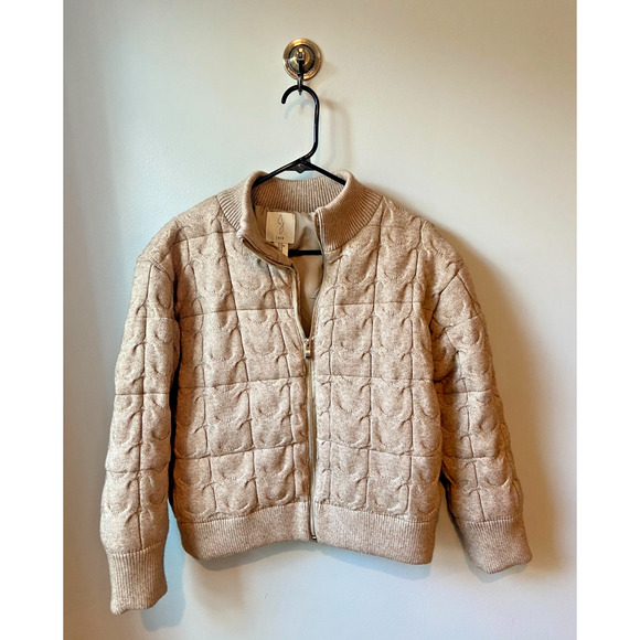 Joie Womens Quilted Beige Knit Puffer Bomber Cable Knit Jacket Full Zip, Medium - Picture 1 of 9